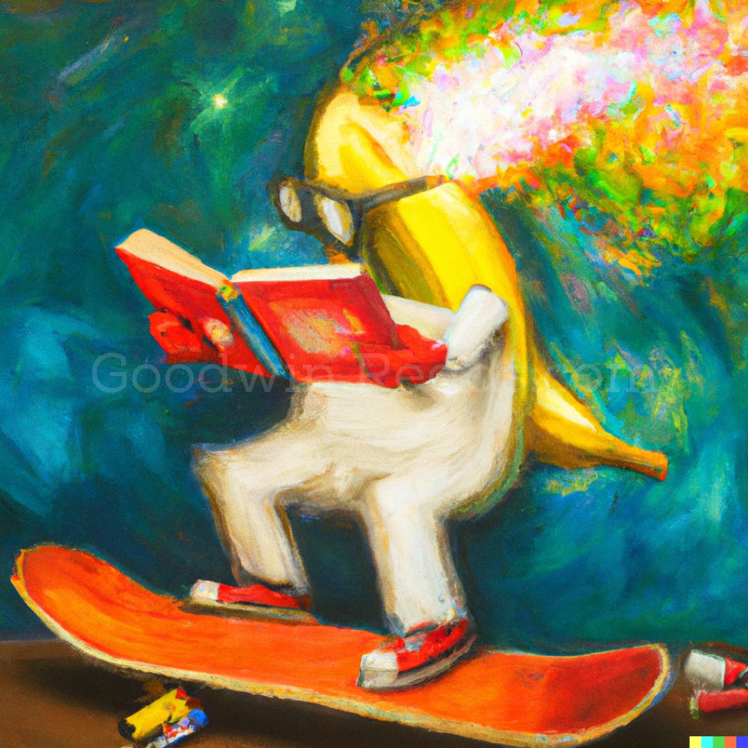 #1—Oil painting of banana reading while skateboarding, depicted as a star nebula