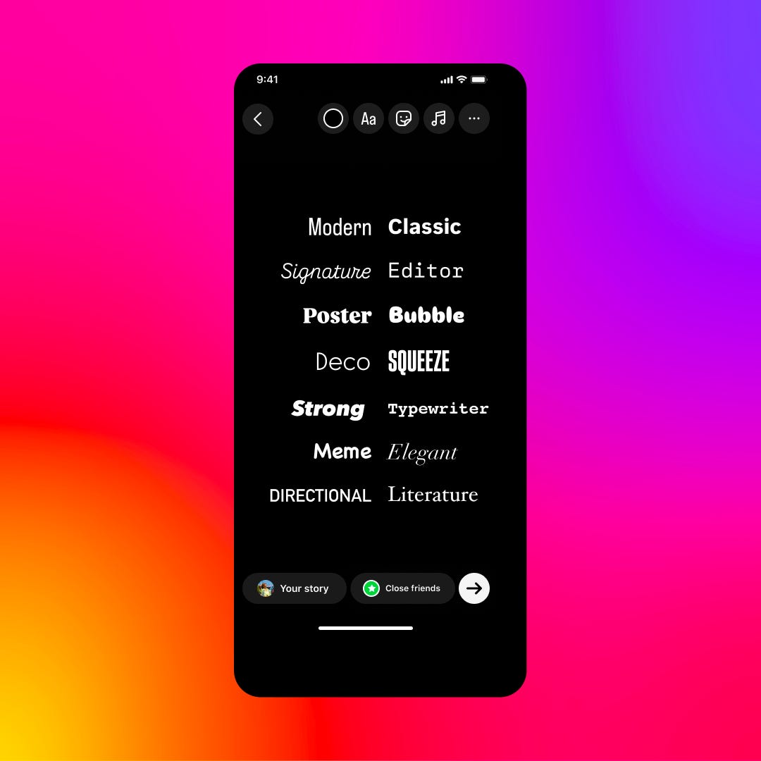 Instagram screenshot showing the 14 fonts now available in Reels and Stories Instagram screenshot showing the 14 fonts now available in Reels and Stories
