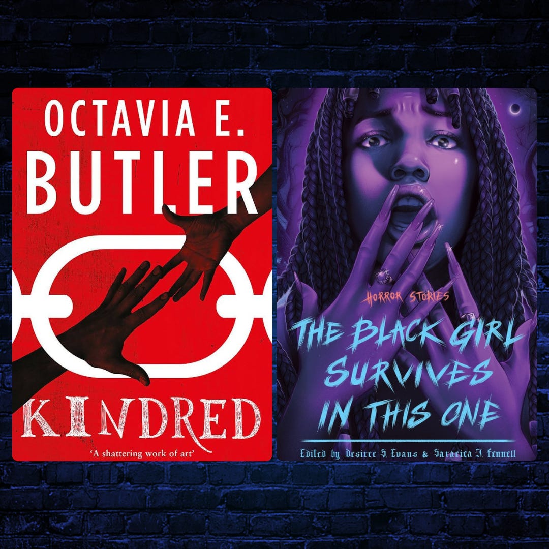 book covers for octavia e. butler's kindred as well as desiree s. evans and saraciea j. fennell's the black girl survives in this one