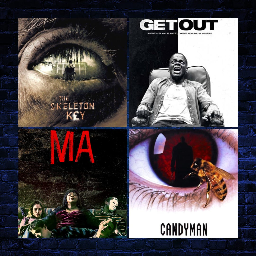 movie posters for the skeleton key, get out, ma, and candyman