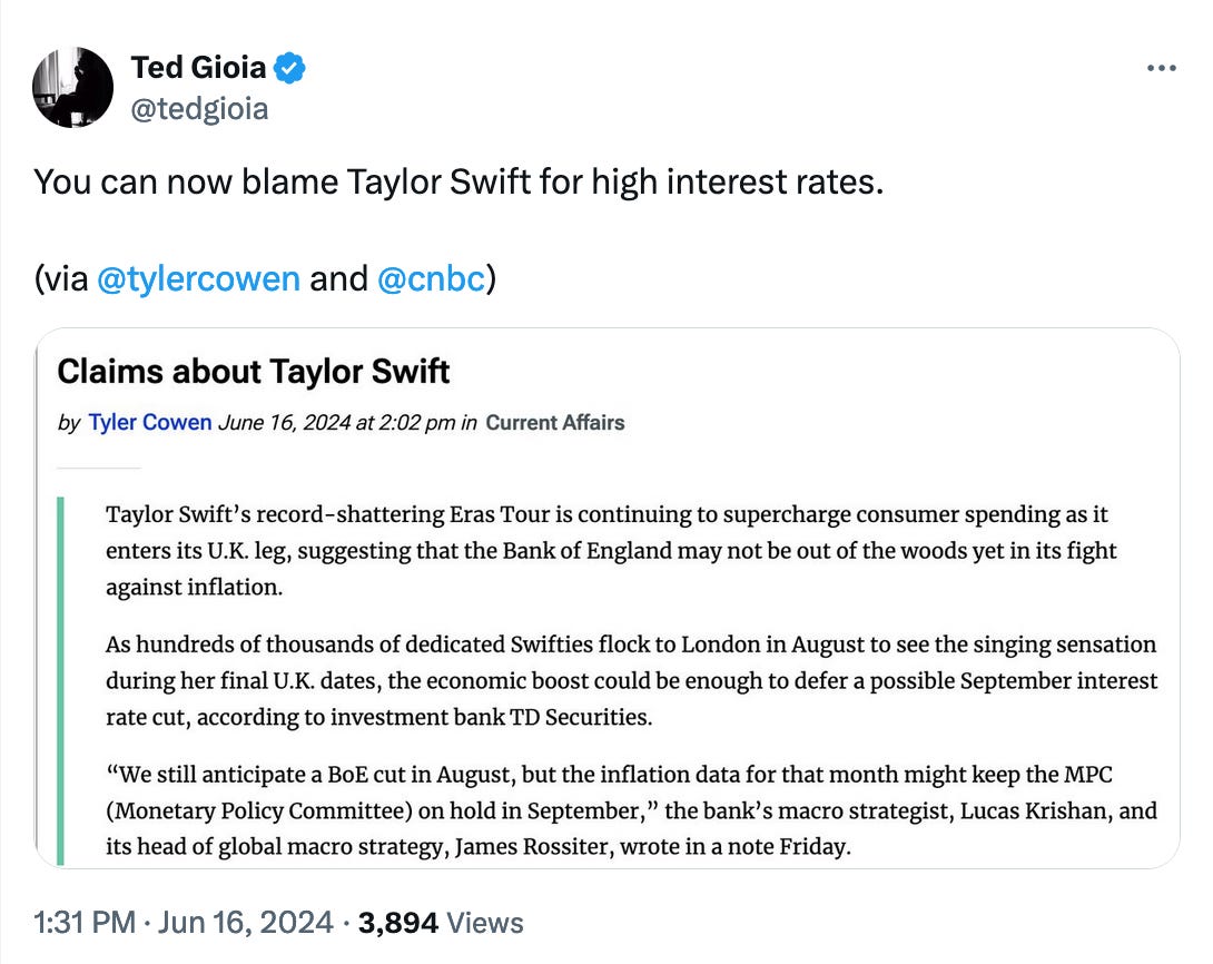 Screenshot of a tweet about Taylor Swift causing higher interest rates