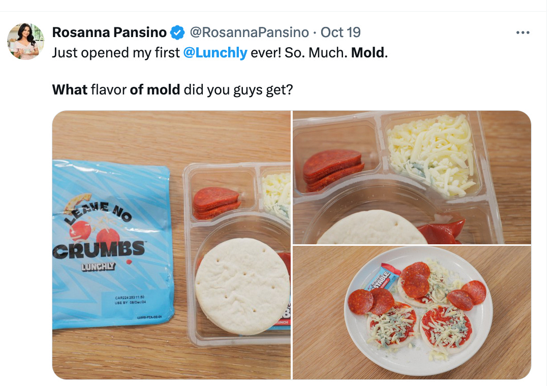 Tweet about moldy lunch meals from influencers