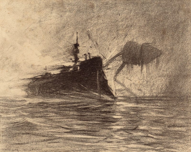 HENRIQUE ALVIM CORRÊA - Thunderchild Versus Martian, from The War of the Worlds, Belgium edition, 1906 (illustration from Book I- The Coming of the Martians, Chapter XVI- "The Exodus from London,")