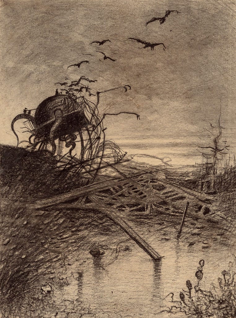 HENRIQUE ALVIM CORRÊA -Wrecked Martian Handler, from The War of the Worlds, Belgium edition, 1906 (illustration from Book II - The Earth Under the Martians, Chapter VIII - "Dead London,")