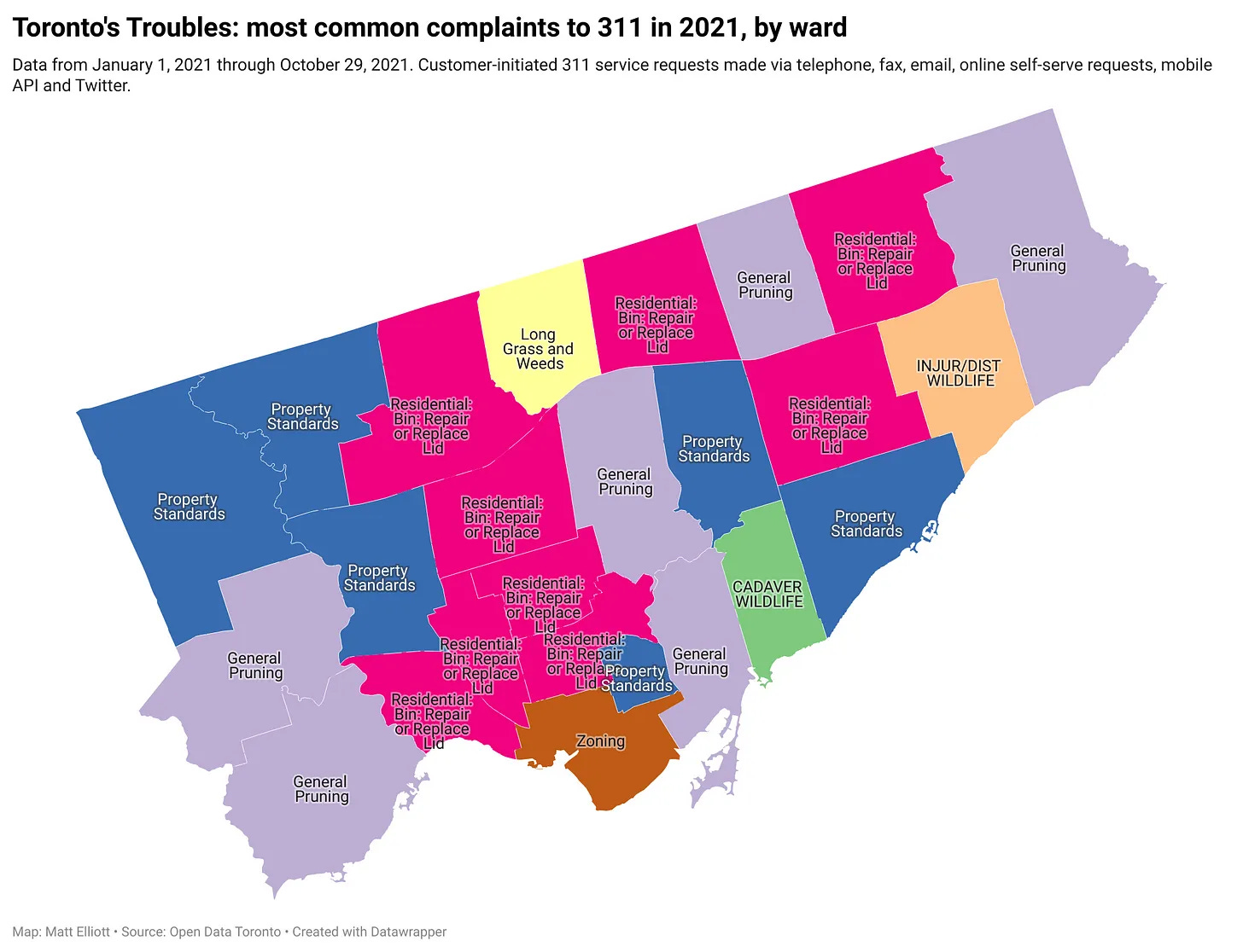 A map showing the top 311 complaint by ward