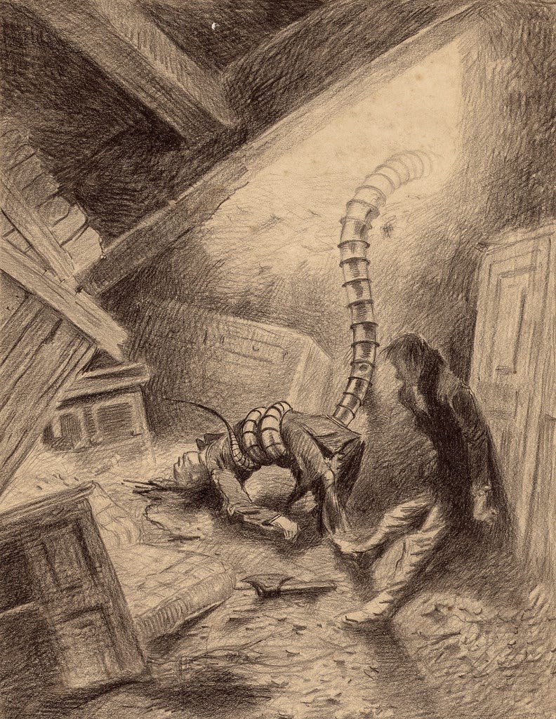 HENRIQUE ALVIM CORRÊA -Handler Grabbing Human, from The War of the Worlds, Belgium edition, 1906 (illustration from Book II- The Earth Under the Martians, Chapter V- "The Stillness,")