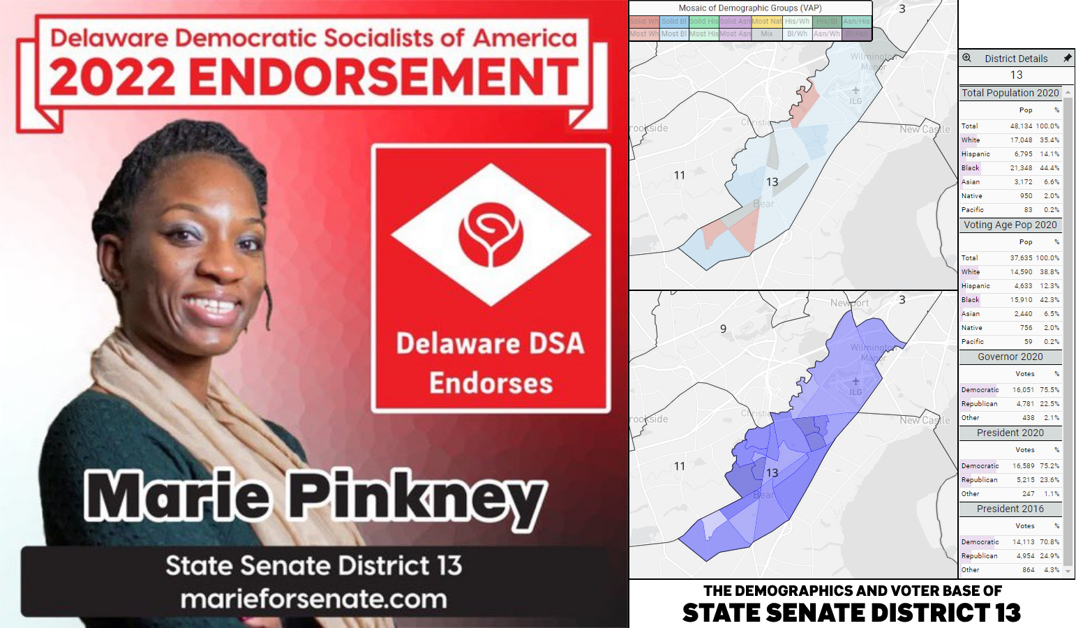 Marie Pinkney's endorsement graphic (she/her; left) and a graphic of the demographics and voting base of Senate District 13 (right).