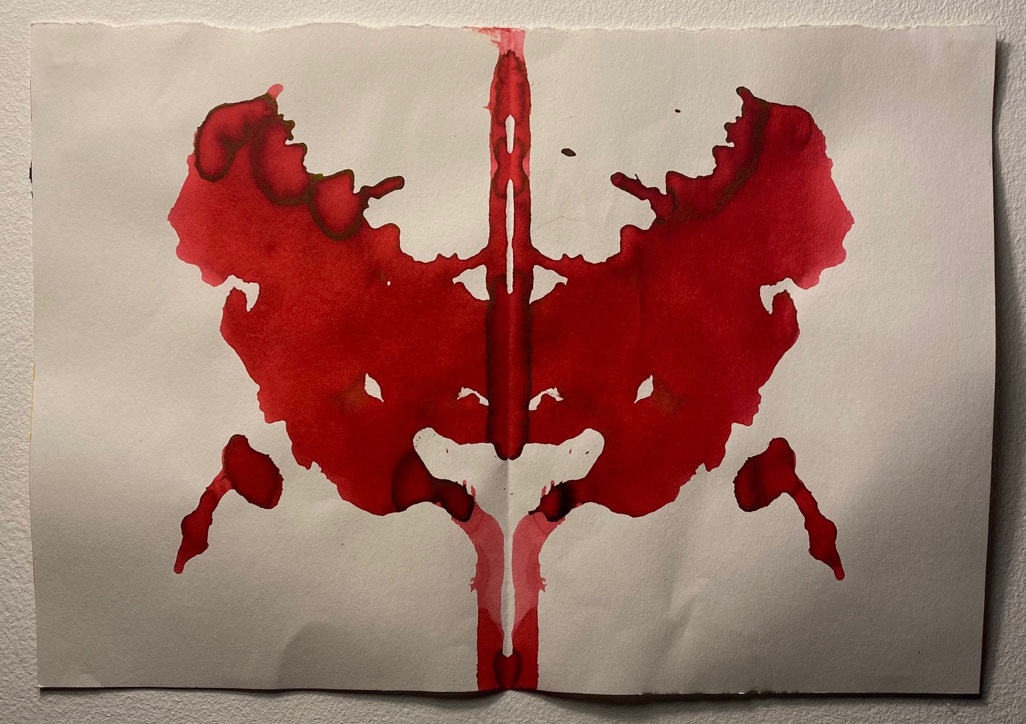 A piece of paper showing a Rorschach style ink blot, also printed in red. The print resembles a dripping pelvis. A bleeding, subconscious, skeletal image.