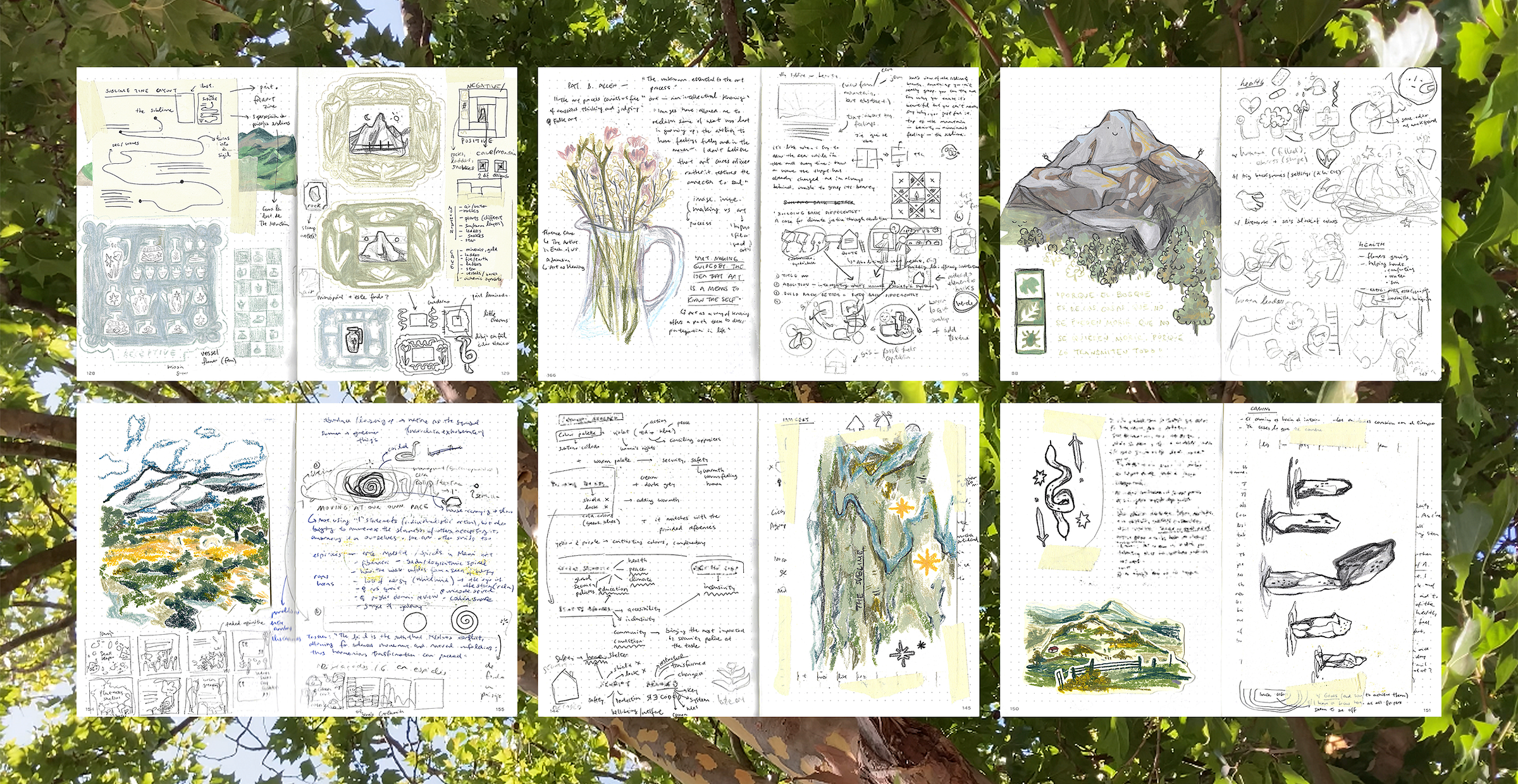 Six scanned spreads of Marina’s sketchbooks, with a picture of a tree in the background. Six scanned spreads of Marina’s sketchbooks, with a picture of a tree in the background.