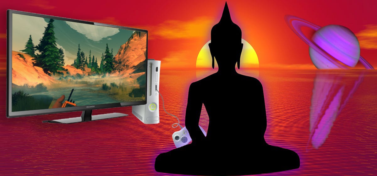 A Buddha statue silhouette plays an Xbox 360 at sunset