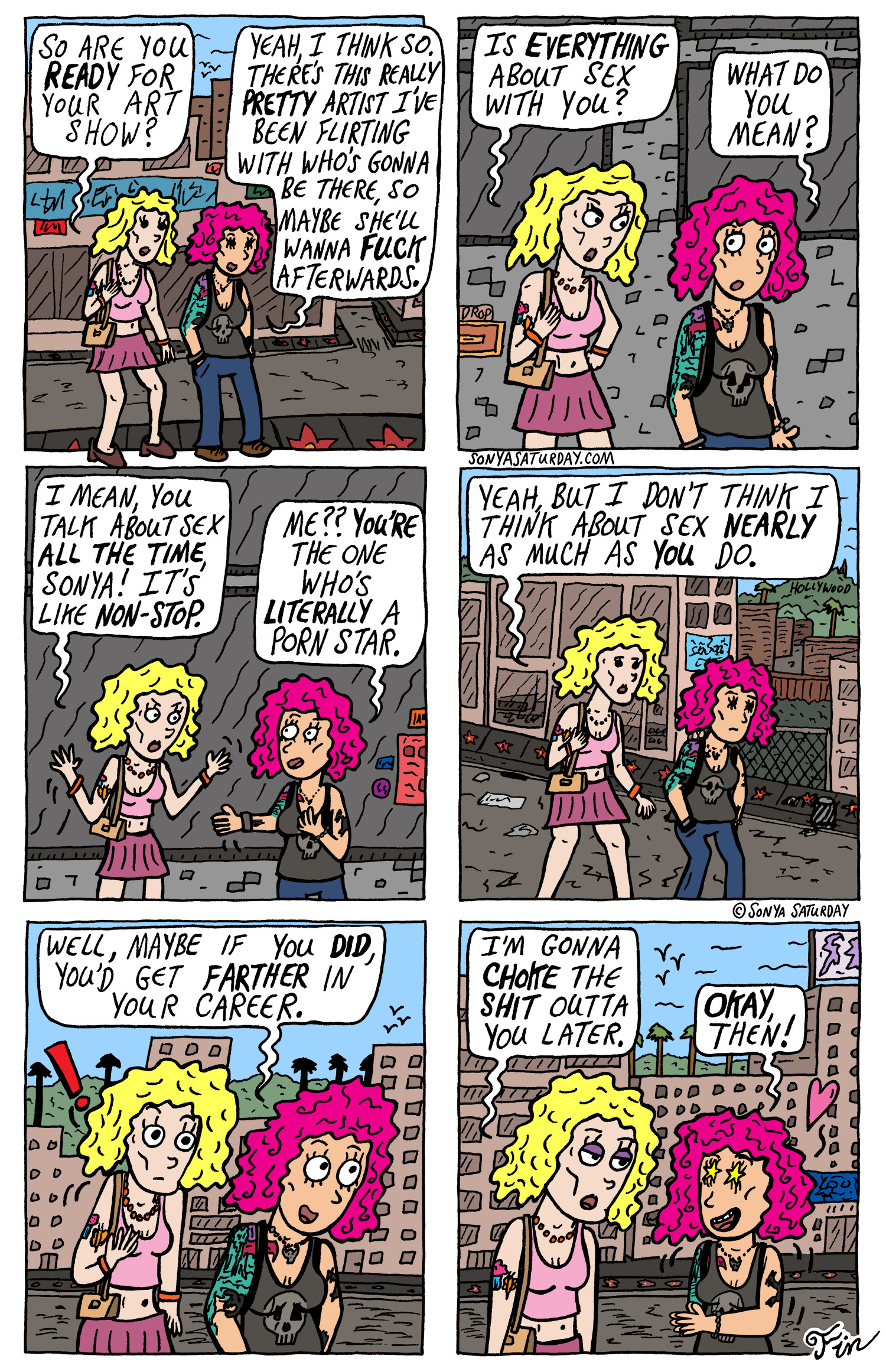Comic strip about two women walking along Hollywood Blvd