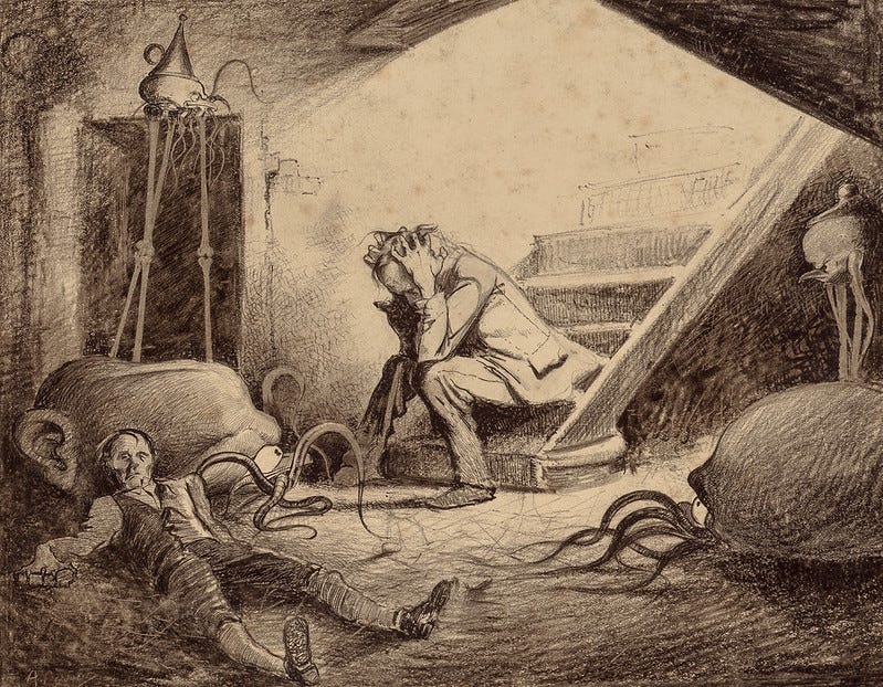 HENRIQUE ALVIM CORRÊA - Death of Curate, from The War of the Worlds, Belgium edition, 1906 (illustration is featured in Book I- The Coming of the Martians, Chapter X- "In the Storm,")