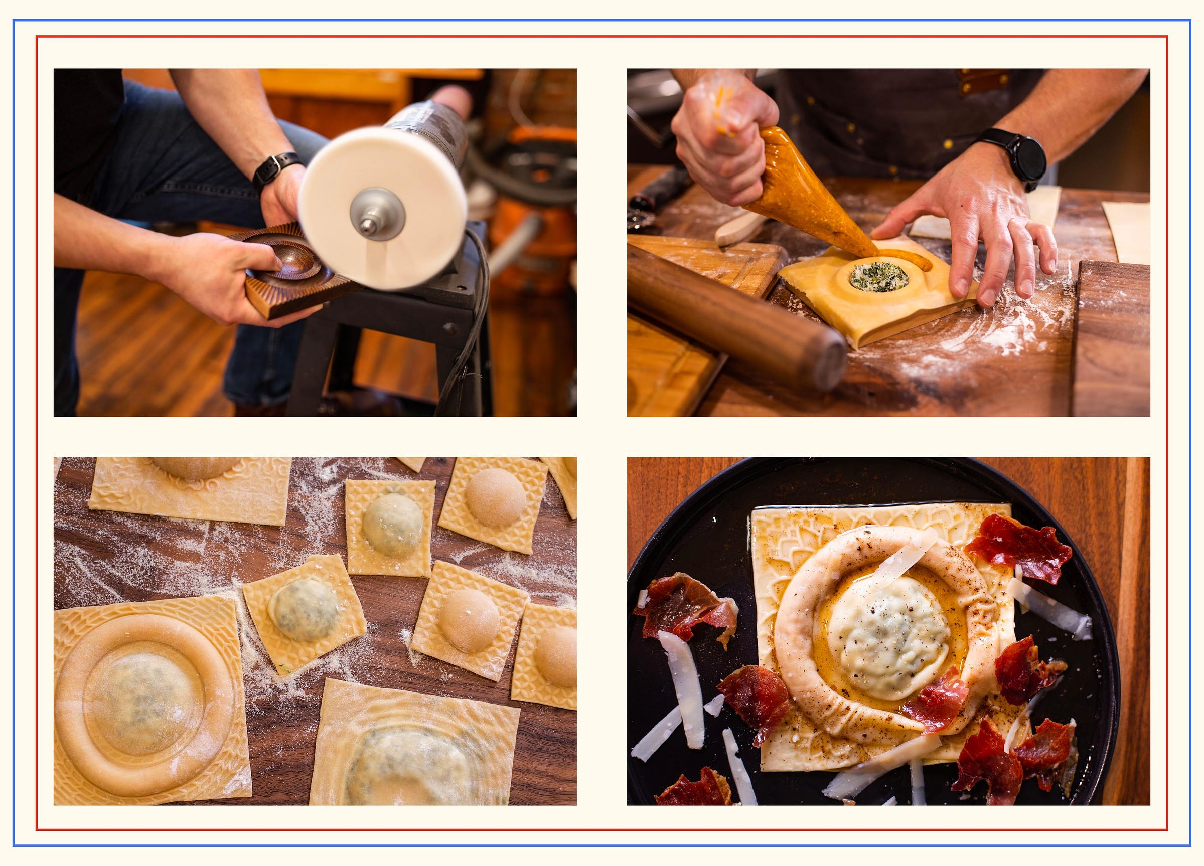 four photos showing, in progression, a ravioli mold getting sanded, then a bullseye-shaped mold getting piped with two different fillings, then a tabletop covered with finished molded ravioli, and finally a plate of cooked ravioli topped with parmesan cheese and crispy prosciutto