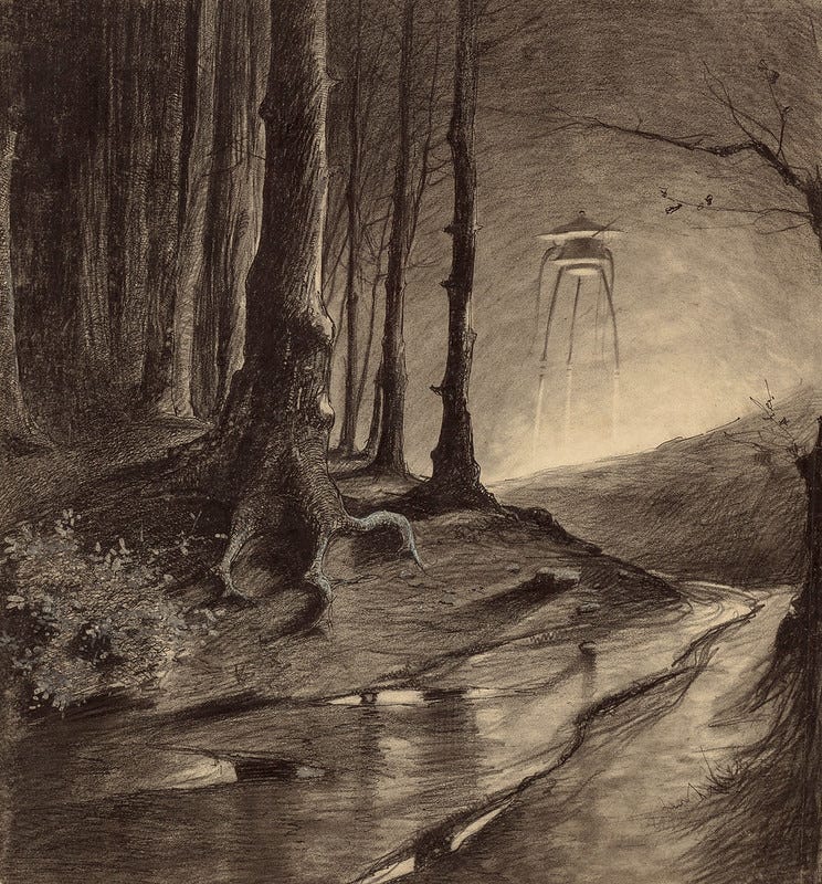 HENRIQUE ALVIM CORRÊA - Martian in the Forest, from The War of the Worlds, Belgium edition, 1906(illustration is featured in Book I- The Coming of the Martians, Chapter IX- "The Fighting Begins,")