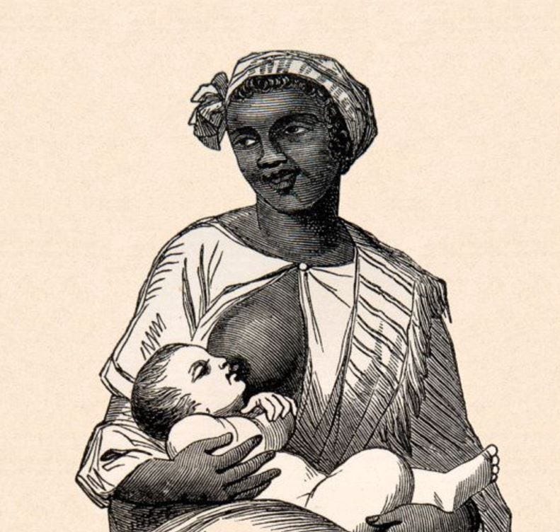 Enslaved black woman wet-nursing White infant. Source - Public Domain