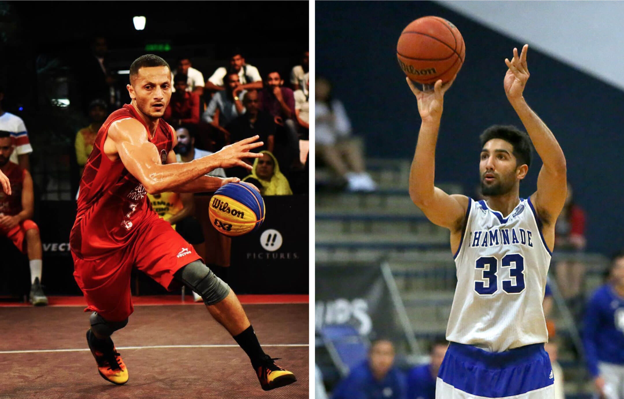 A vertically split image featuring basketball player Inderbir Gill, who is dribbling a ball, and Kiran Shastri, who is taking a shot.