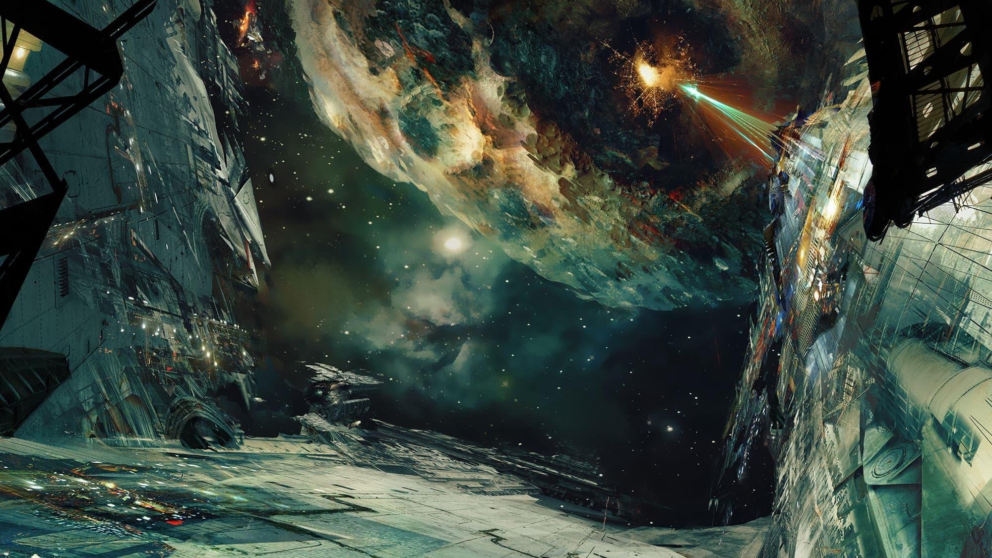 Artwork for The Expanse depicting a spaceship shooting an energy beam at an asteroid