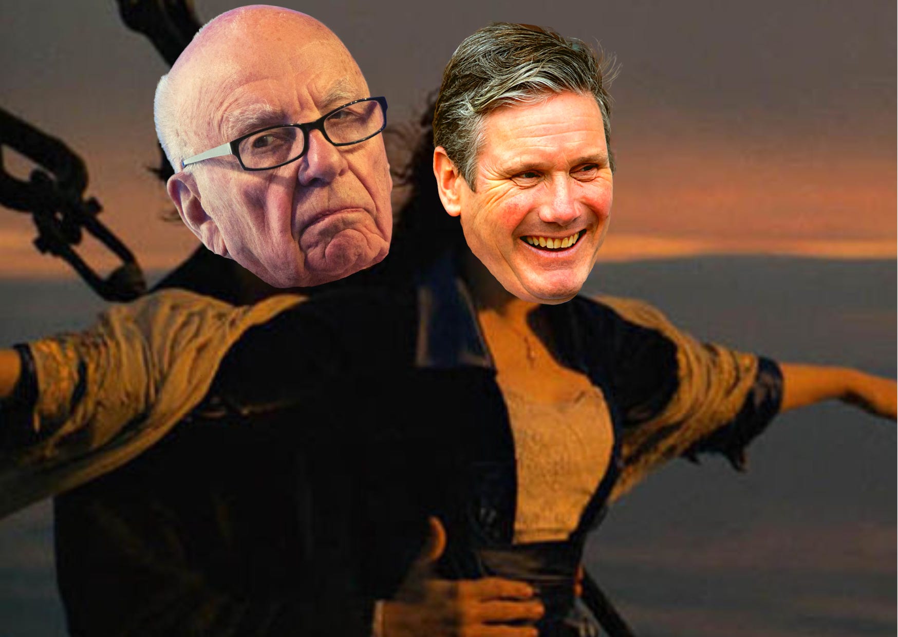 The “I’m flying, Jack” scene trom Titanic but Jack is Rupert Murdoch and Rose is Keir Starmer