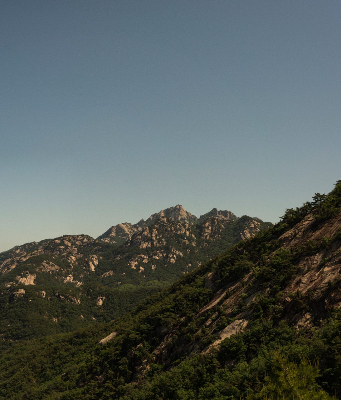 Looking into Seoul's Bukhansan National Park from atop the park's east ridge, about an hour's hike from the nearest subway station.