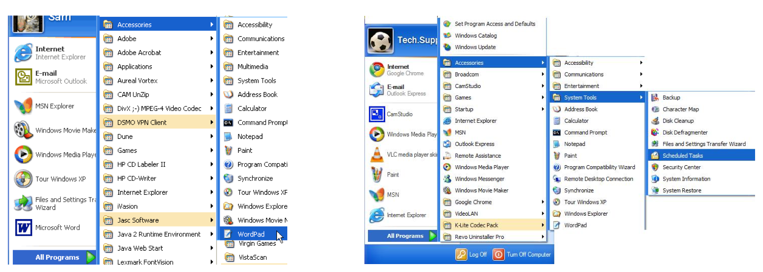 Two examples of Windows XP start menus that are very crowded.