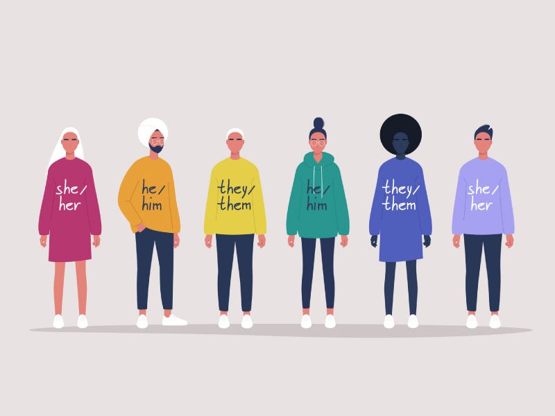 Digital graphic image of six human figures standing in a row. Each figure is wearing a bright solid colour shirt and they have various racial representations. On each shirt are different sets of pronouns, including she/her, he/him, and they/them