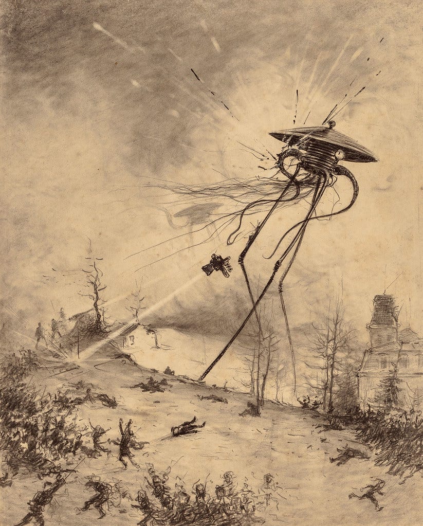 HENRIQUE ALVIM CORRÊA - Martian Fighting Machine Hit by Shell, from The War of the Worlds, Belgium edition, 1906 (illustration from Book I- The Coming of the Martians, Chapter XII- "What I Saw of the Destruction of Weybridge and Shepperton,")