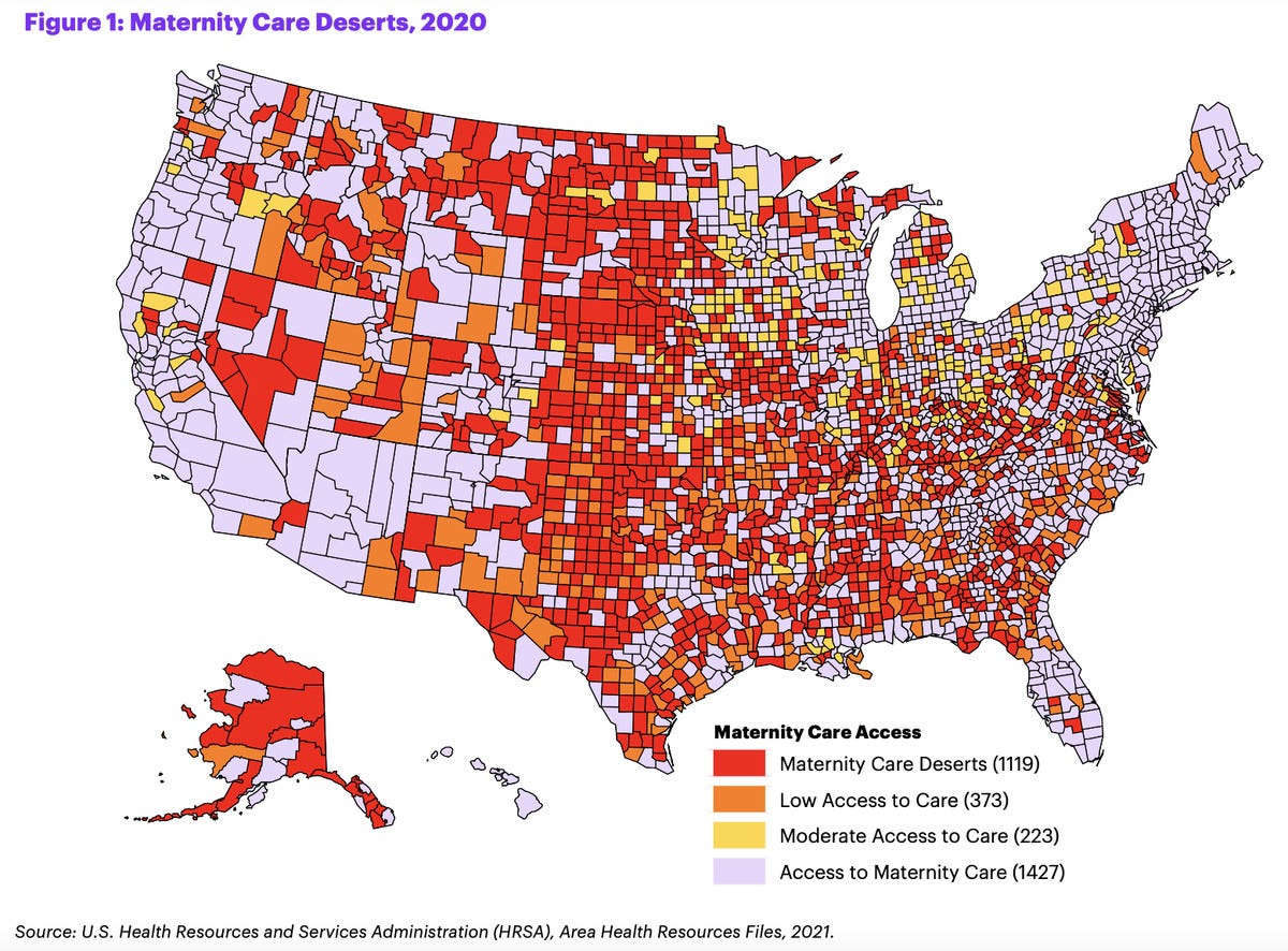 A color-coded map of the United States showing which counties have maternity care and which don’t.