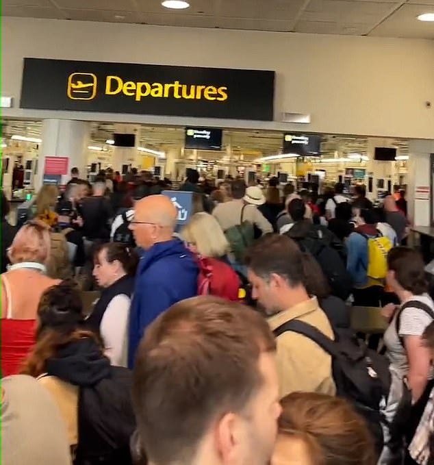 Footage emerged this afternoon of long, snaking lines of travellers in Departures following the outage, which lasted for around an hour