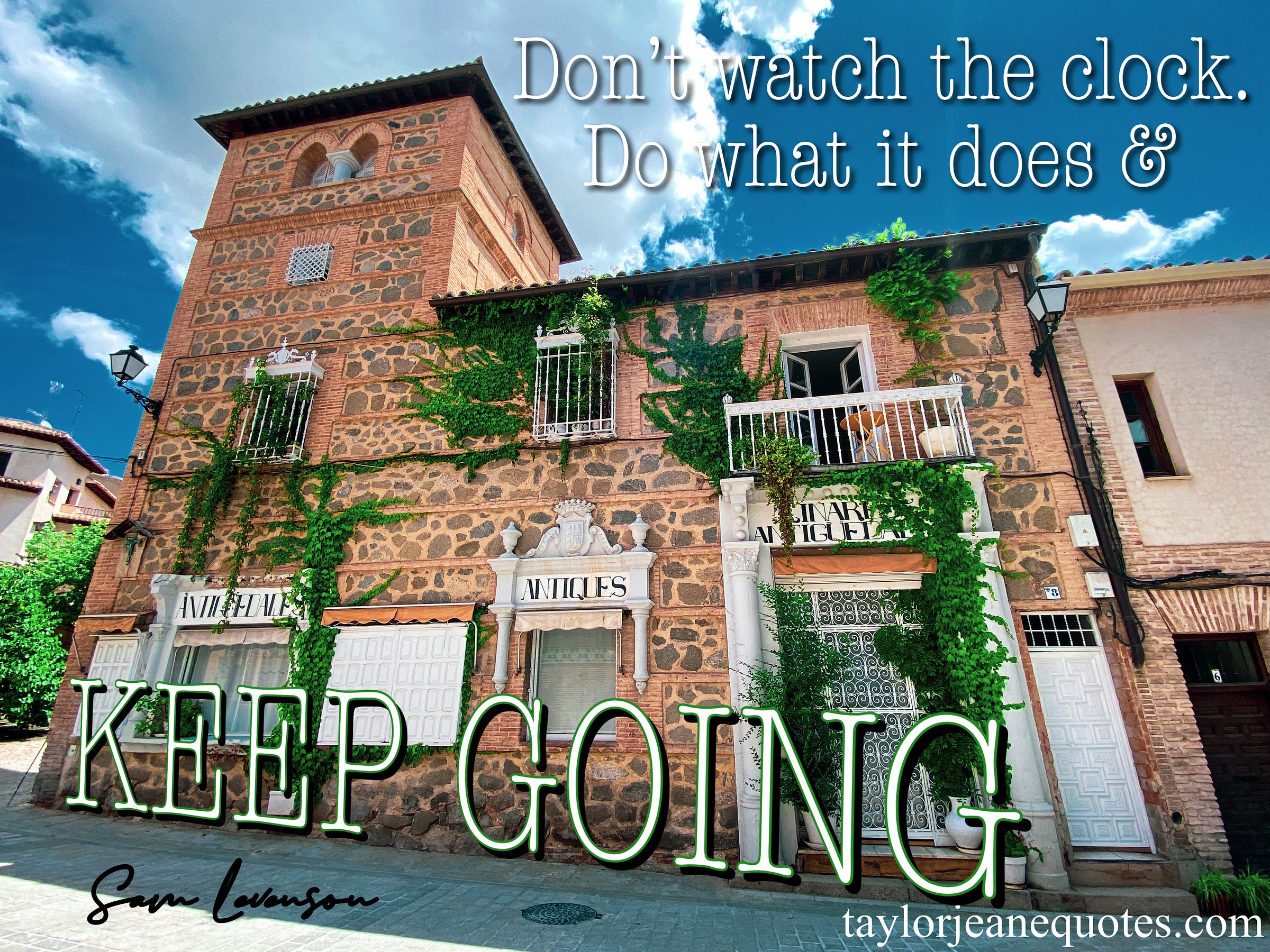 taylor jeane quotes, taylor jeane, taylor wilson, quotes, sam levenson, sam levenson quotes, toledo spain, building with vines, old building with vines, clock quotes, don't watch the clock, never give up quotes, determination quotes, persistence quotes, inspirational quotes, motivational quotes, life quotes, goal quotes, productivity quotes, time quotes, go for it quotes, yolo quotes, you only live once quotes, keep going quotes, motivating productivity quotes