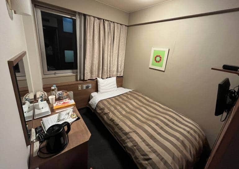 Hotel room with single bed, desk and window