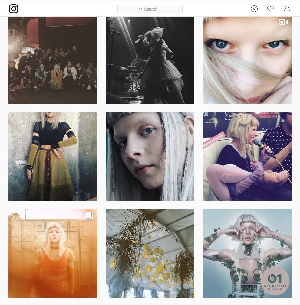 Aurora the musical artist - screen capture of instagram grid