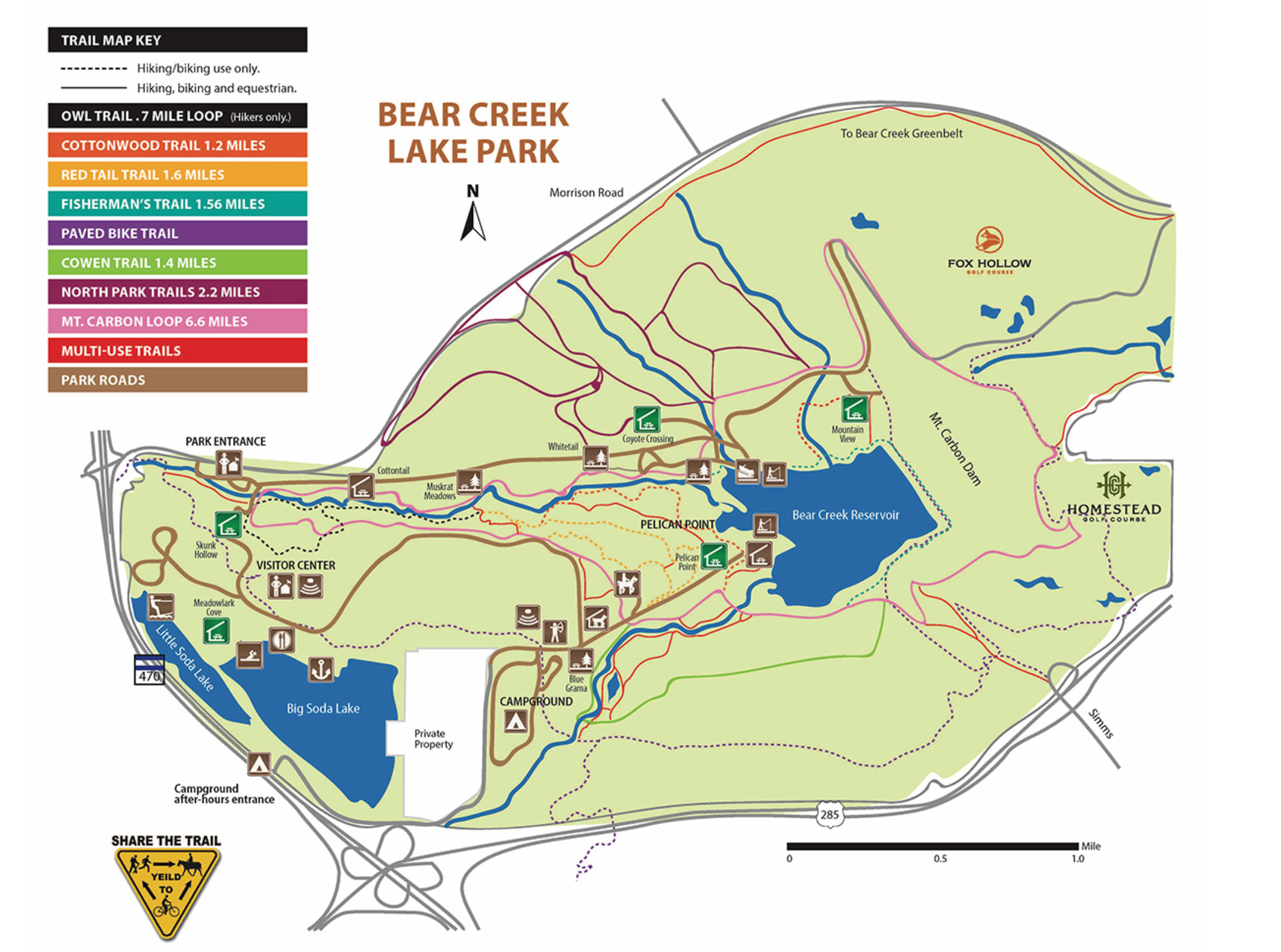 a map of bear creek lake park showing trails, roads, and waterways