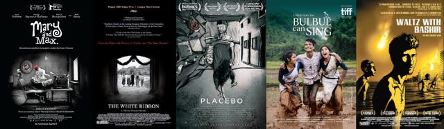 a collage of the posters of the recommended films. The first picture is a poster of Mary and Max, with Max sitting in front of a window with a typewriter. The title is in decorative font. The second picture is a silhouette of people wearing abayas, with the title “The White Ribbon” at the bottom. The third picture is a poster for Placebo. It has a dissection table with a dissected rat on it. The fourth is a poster for Bulbul Can Sing, where there are three people laughing in the rain, drenched in mud till their shins. Two of the people are wearing sarees and the person in the middle is dressed in a shirt and trousers. The last poster is a still from “Waltz with Bashir”, where a shore is being bombed and three people are moving towards the shoreline. One of them holds a machine gun.