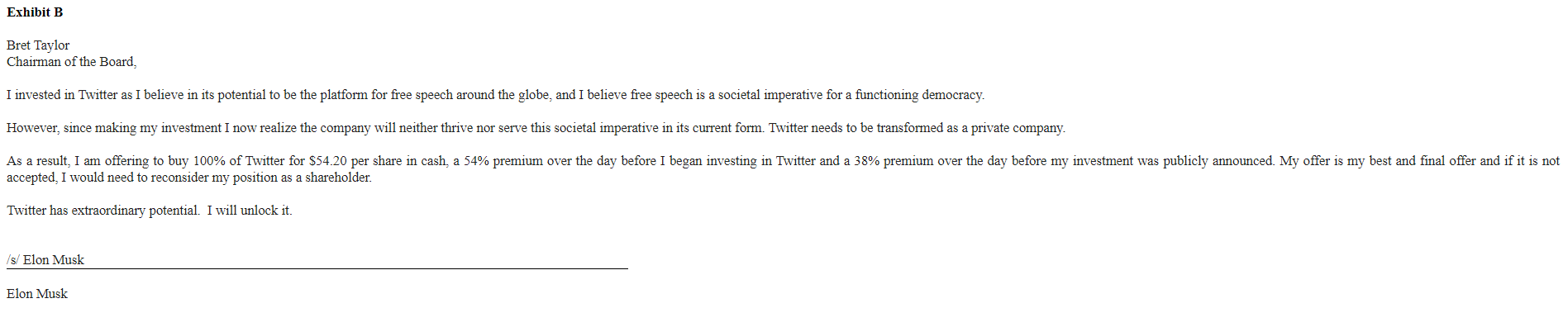 Elon Musk offers to buy all of Twitter for 54.20 per share.