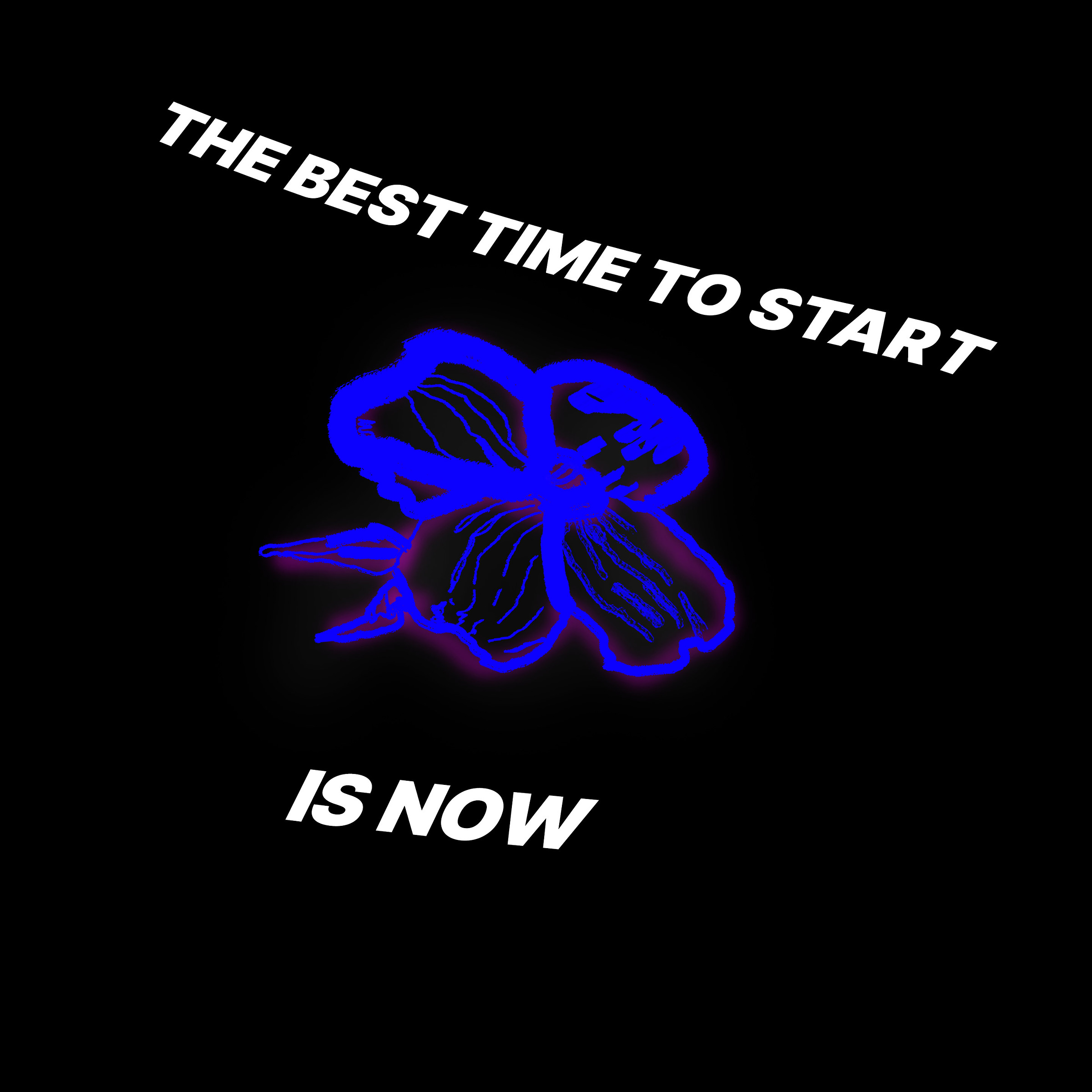 large white bold text in all caps superimposed on a solid black background. the typography is wrapped around a handrawn outline of an American dogwood flower. the text reads, the best time to start is now.