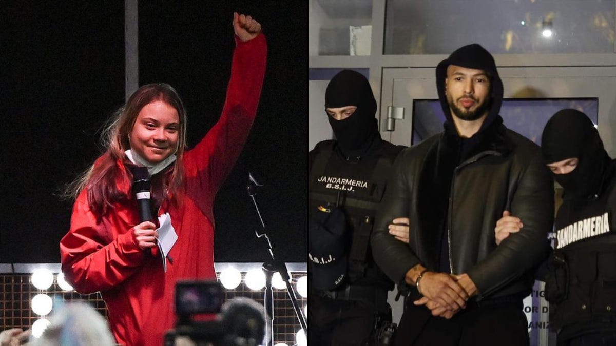 Left: Nobel Prize nominated, climate justice activist, Greta Thunberg; Right: Misogynist Andrew Tate, Twitter, Pizza, Romania, Arrest