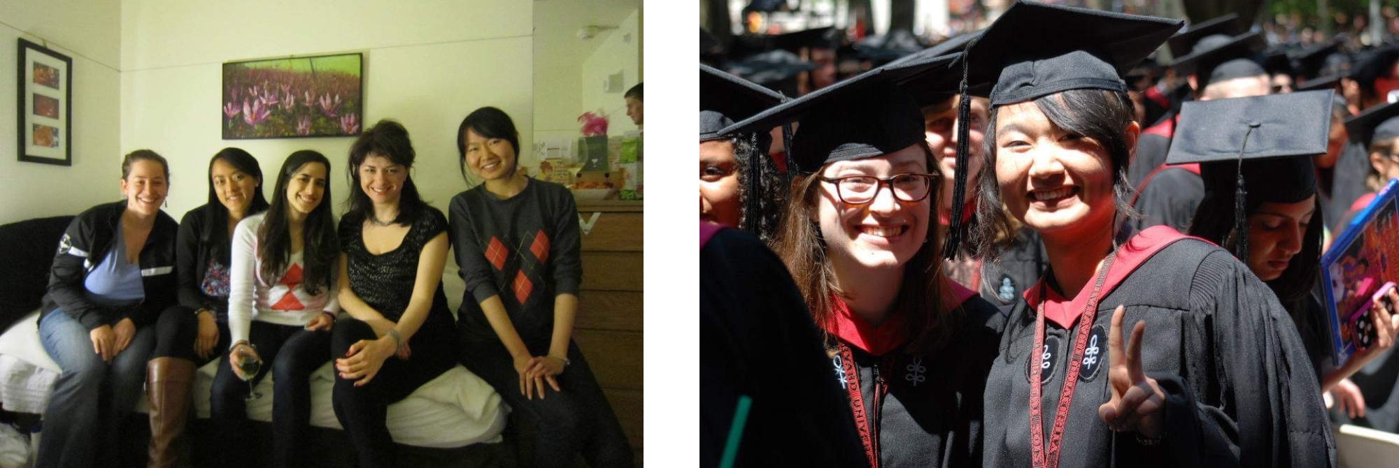 Two photos, Jing Jing with friends in both. Right photos shows Jing Jing at her Harvard graduation in cap and gown.