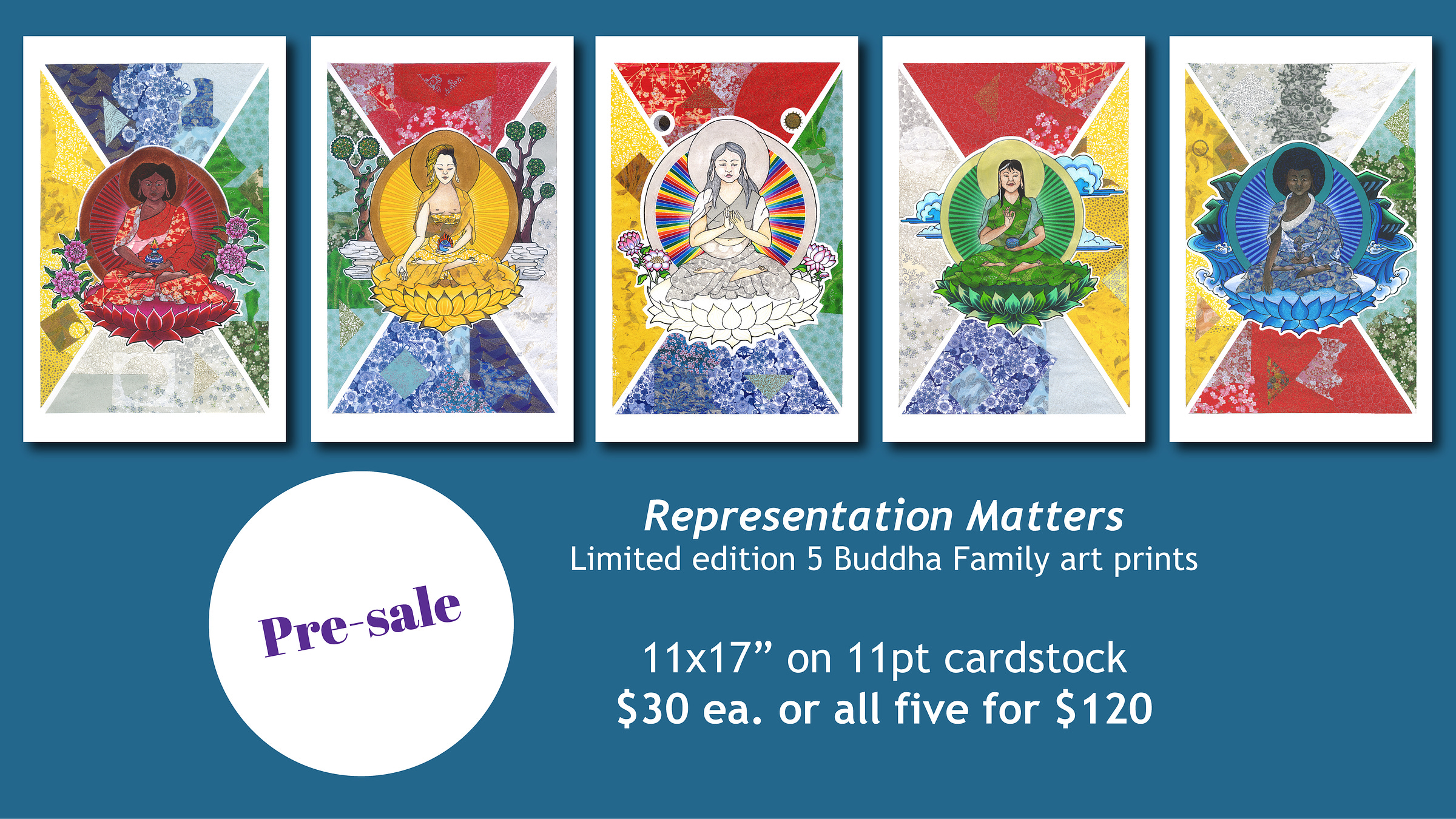 Mock-ups of prints of Representation Matters, series 1, a mixed-media art project of traditional Thangka art in contemporary style. These pieces capture the Five Buddha families, left to right: Padma family, Ratna Family, Buddha Family, Karma Family, and Vajra Family. Details of the pre-sale are in the body of this post. 