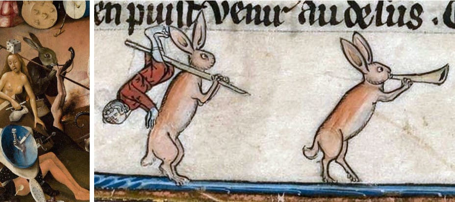 A killer rabbit (left — Hell panel) (Right — marginalia)