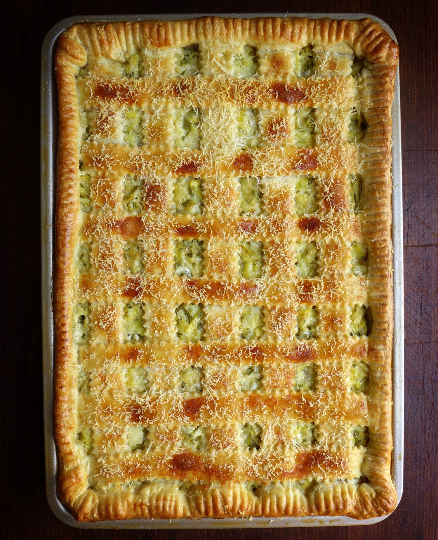 Just-Like-Artichoke-Dip Slab Pie with a Cream Cheese Crust