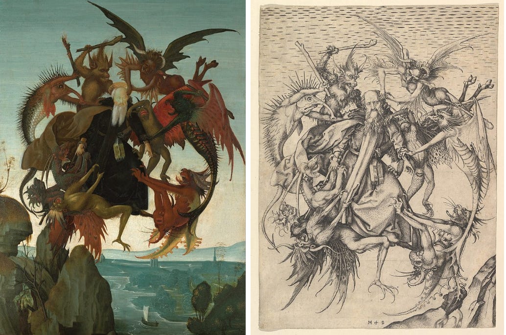 The Torment of Saint Anthony by Michelangelo (Left) and Saint Anthony Tormented by Demons by Martin Schongaue (Right)
