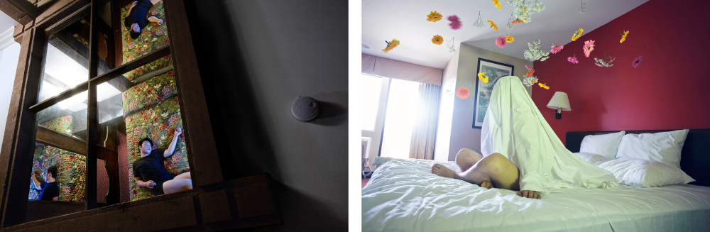 Two images. Left shows reflection of man in a mirror on the ceiling. Right image shows man sitting cross legged with a sheet above them and flowers thrown mid-air.