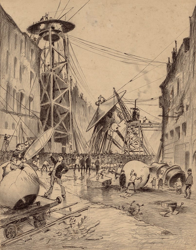 HENRIQUE ALVIM CORRÊA -Humans Dissecting Martian War Machines, from The War of the Worlds, Belgium edition, 1906 (illustration from Book II - The Earth Under the Martians, Chaper IX - "Wreckage,")