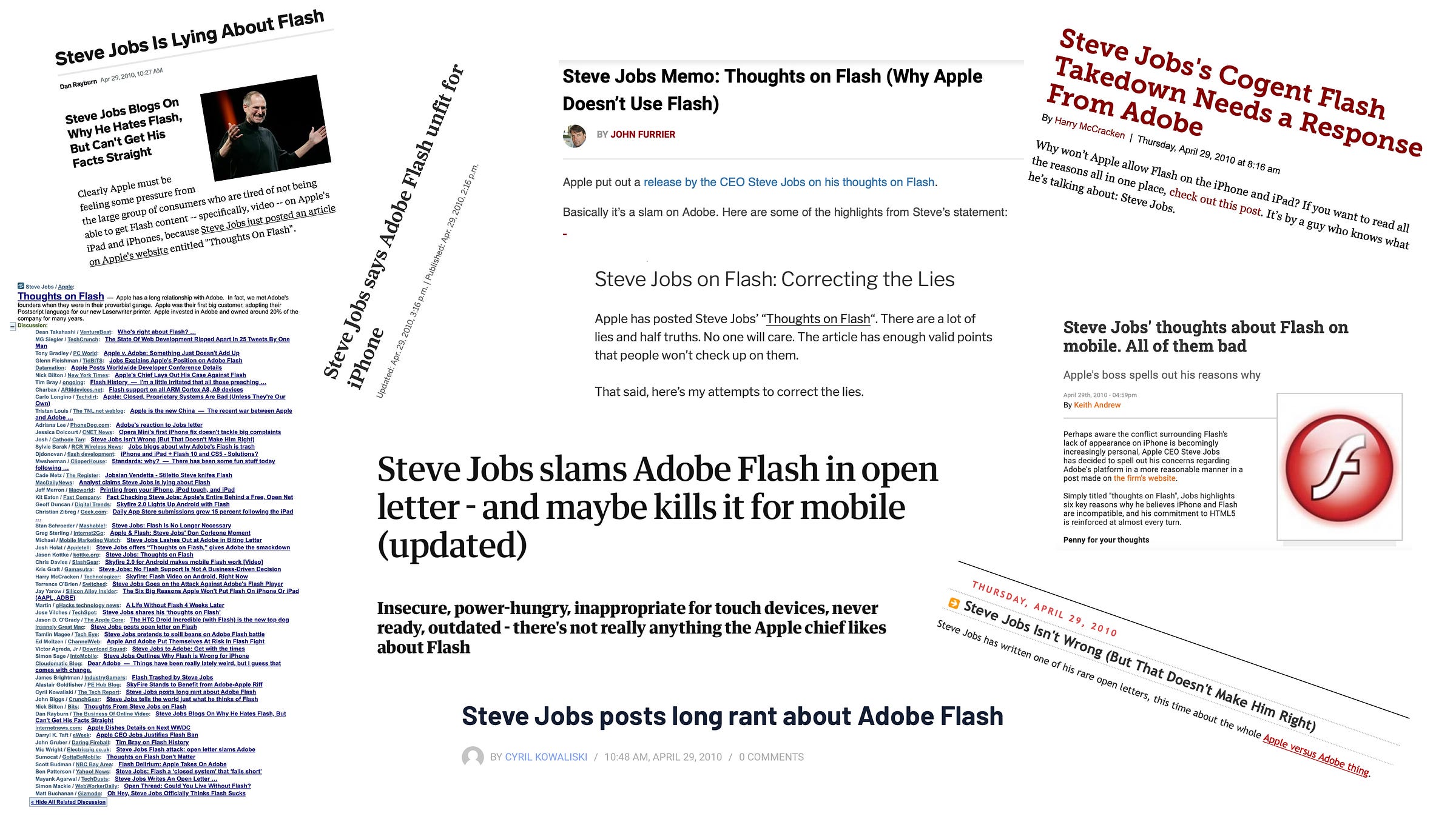 About a dozen different headlines on the hysteria around Apple's post on "Thoughts on Flash".