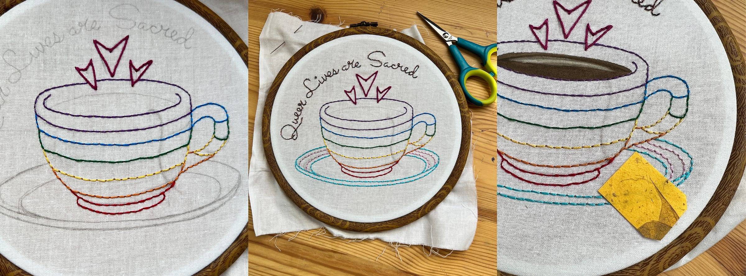 Three photos side by side of a mixed-media embroidery piece. Text in a curve at the top of piece reads: Queer Lives Are Sacred. The image is of a teacup, embroidered in rainbow stripes with trans colours on the saucer and spikey magenta hearts where steam would be rising. 
