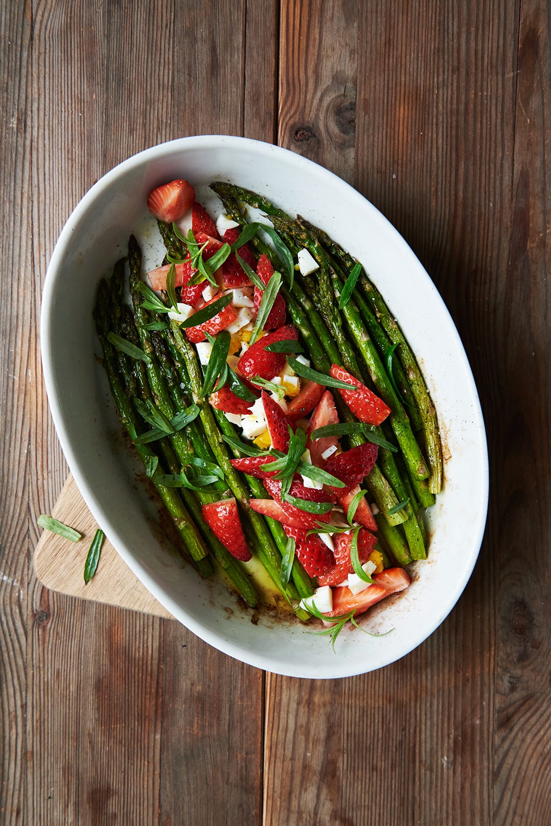 Roasted Asparagus with Strawberries, Tarragon, and Crumbled Eggs