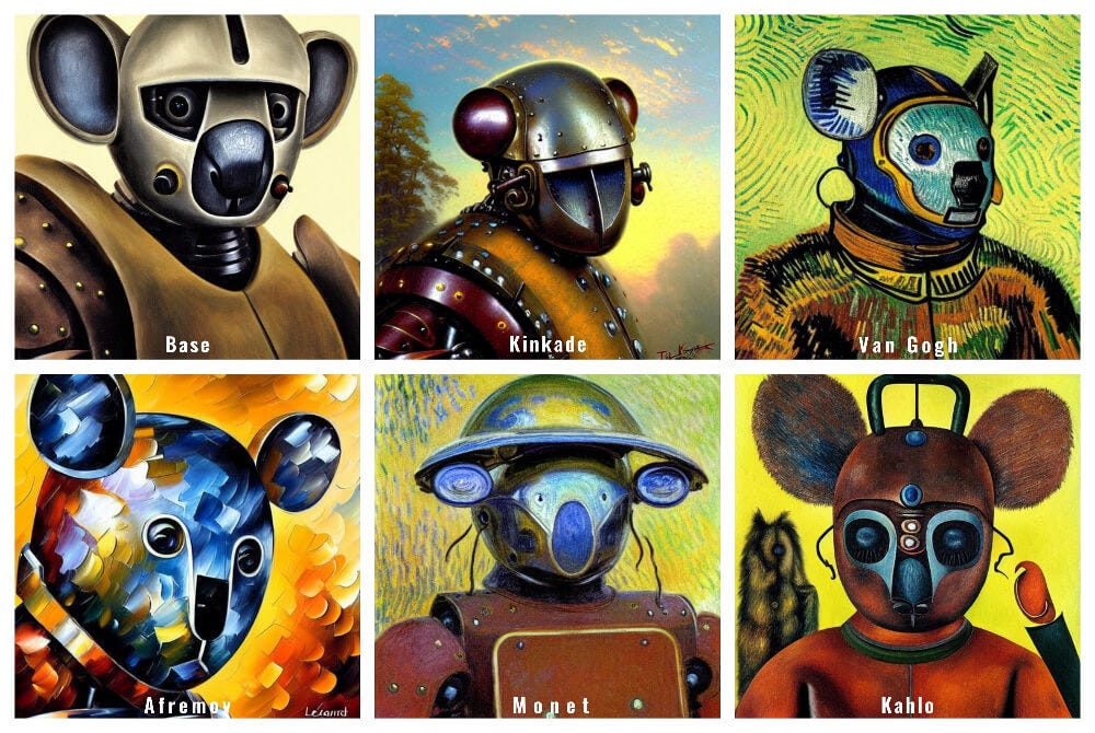 A collage of AI-generated images of koala robot warriors painted in the style of different artists