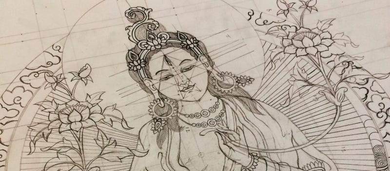 In progress up-close photo of my Thangka line drawing of the Buddha, Green Tara.