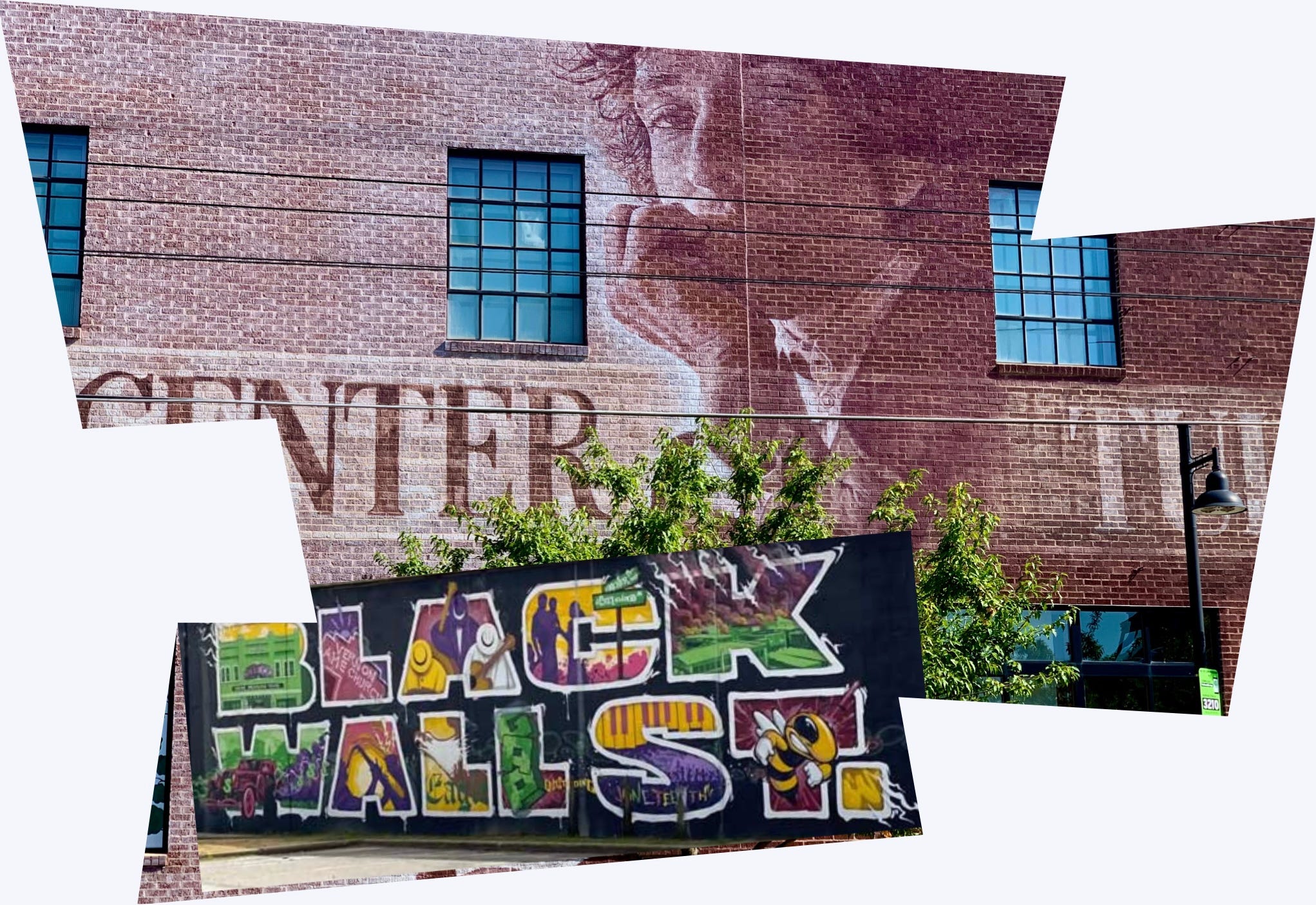 Mural of dylan on bob dylan center with black Wall Street mural superimposed