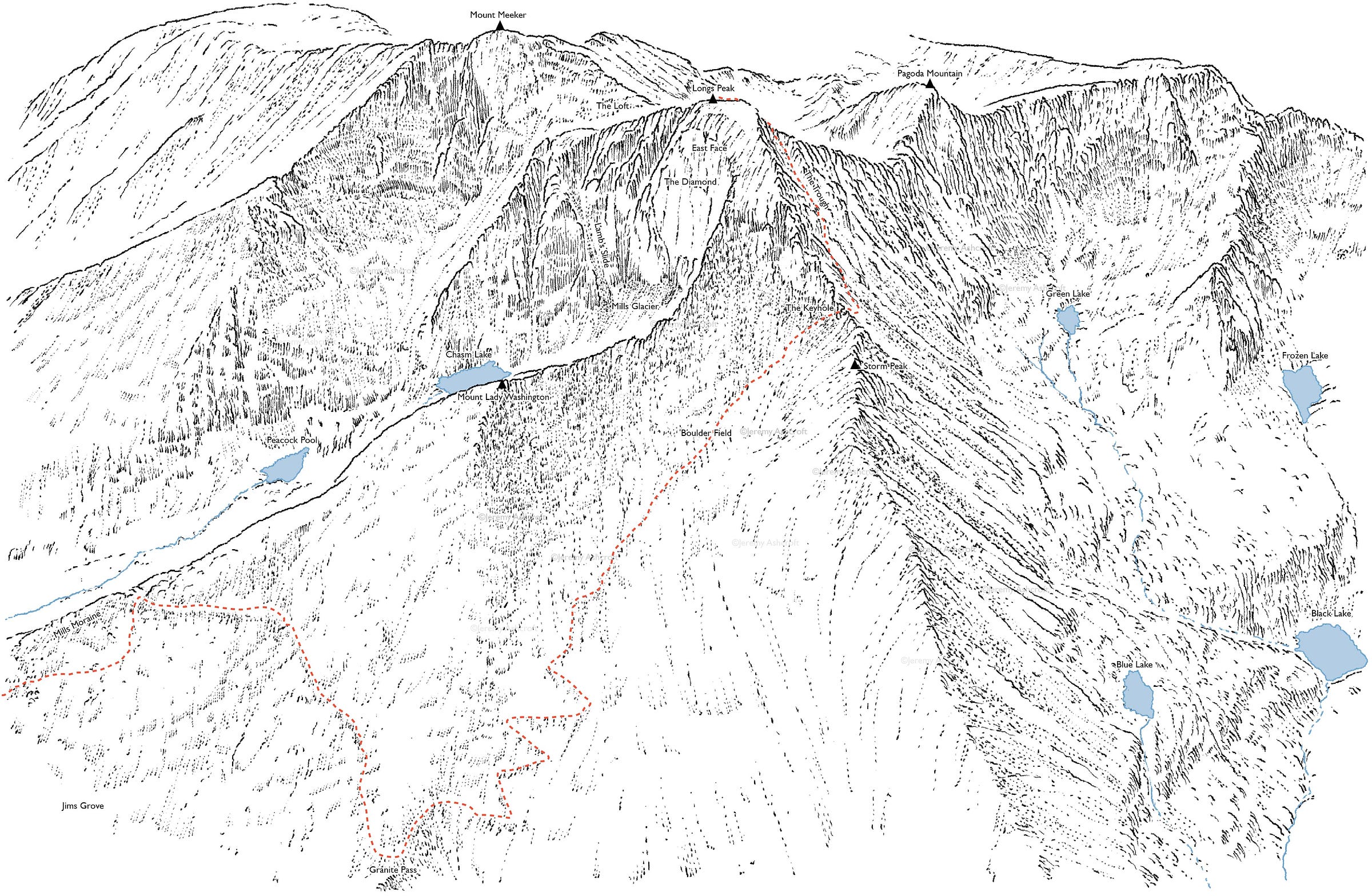 a different variation of Longs Peak, with a mapped out trail through the keyhole